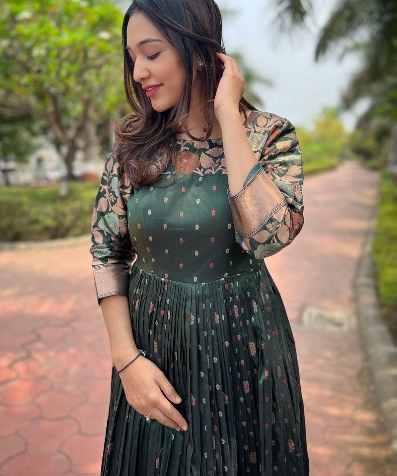 Traditional woven anarkali gown with floral border