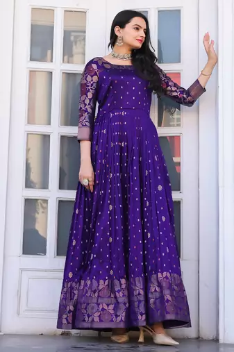 Ethnic violet fit and flare weaving gown for women