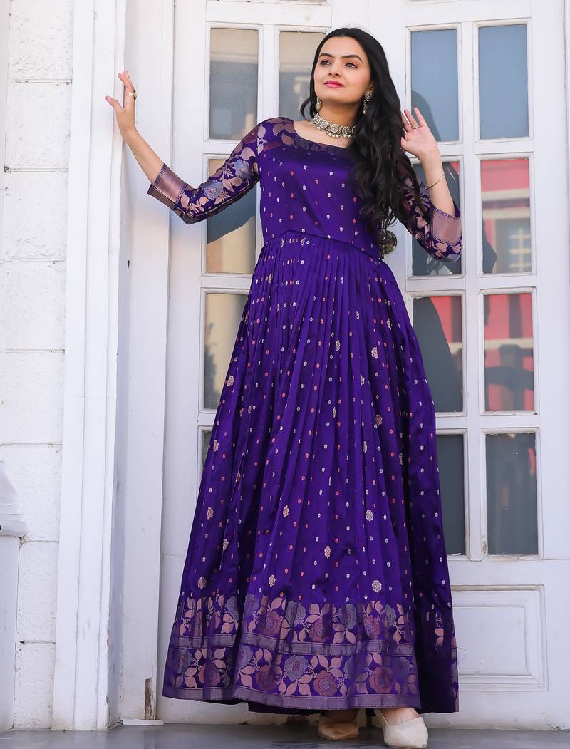 Ethnic violet fit and flare weaving gown for women