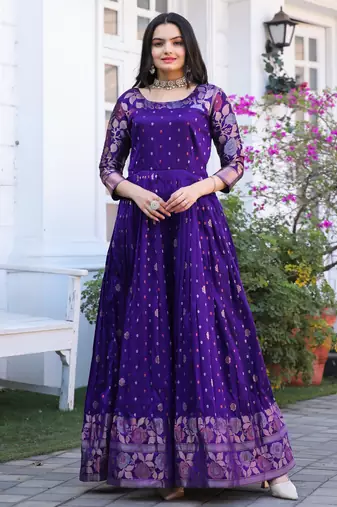 Ethnic violet fit and flare weaving gown for women
