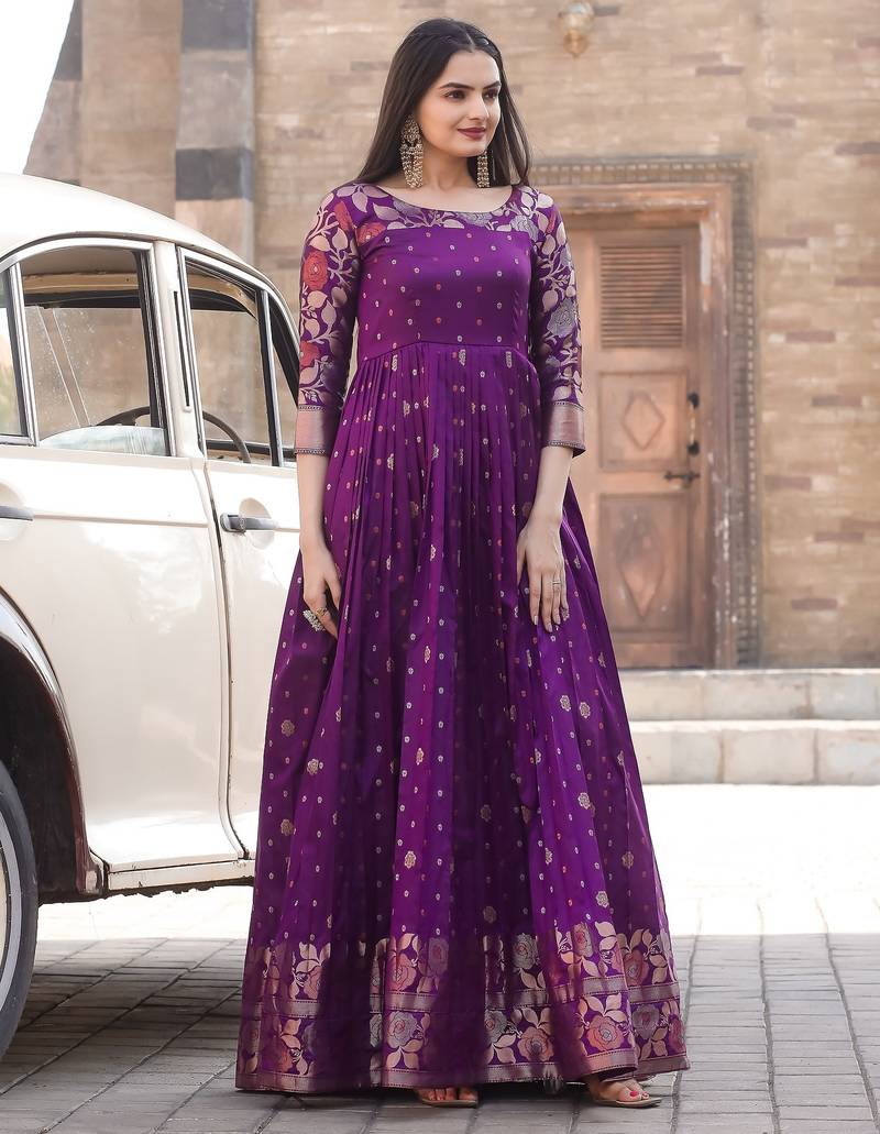 Ethnic fit and flare weaving gown for women