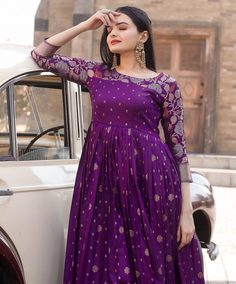 Ethnic fit and flare weaving gown for women