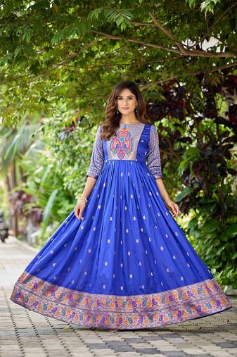 Blue zari weaving ethnic fit and flare weaving gown for women