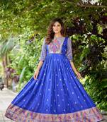 Blue zari weaving ethnic fit and flare weaving gown for women
