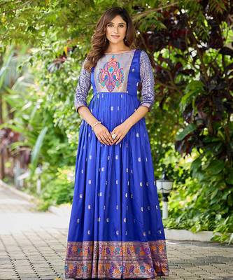 Blue zari weaving ethnic fit and flare weaving gown for women 2