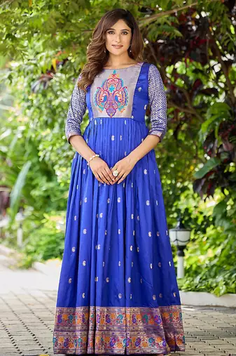 Blue zari weaving ethnic fit and flare weaving gown for women