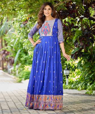 Blue zari weaving ethnic fit and flare weaving gown for women 3