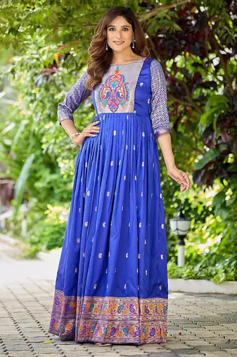 Blue zari weaving ethnic fit and flare weaving gown for women