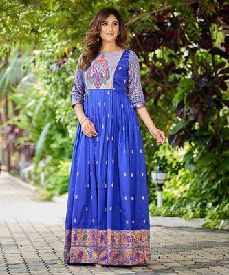 Blue zari weaving ethnic fit and flare weaving gown for women 4