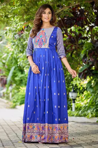 Blue zari weaving ethnic fit and flare weaving gown for women