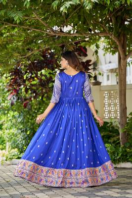 Blue zari weaving ethnic fit and flare weaving gown for women 5