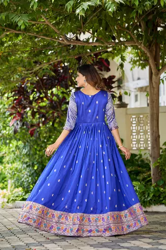 Blue zari weaving ethnic fit and flare weaving gown for women