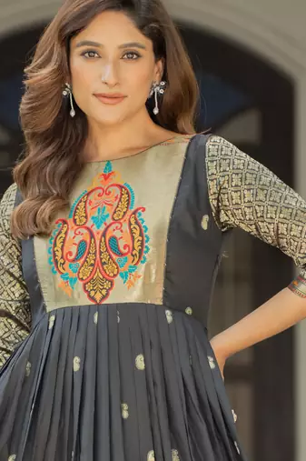 Black zari weaving ethnic fit and flare weaving gown for women