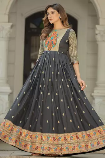 Black zari weaving ethnic fit and flare weaving gown for women
