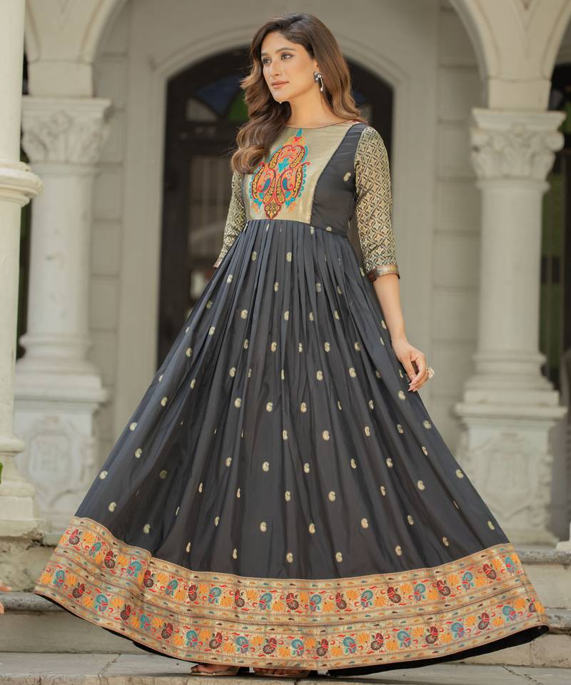Black zari weaving ethnic fit and flare weaving gown for women