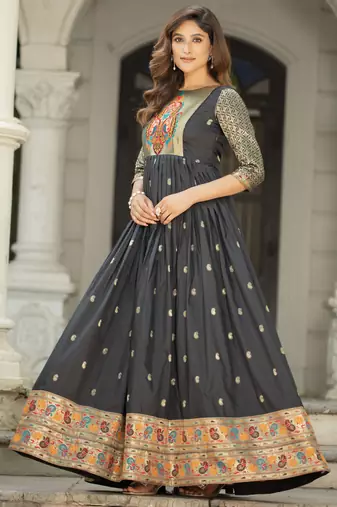 Black zari weaving ethnic fit and flare weaving gown for women