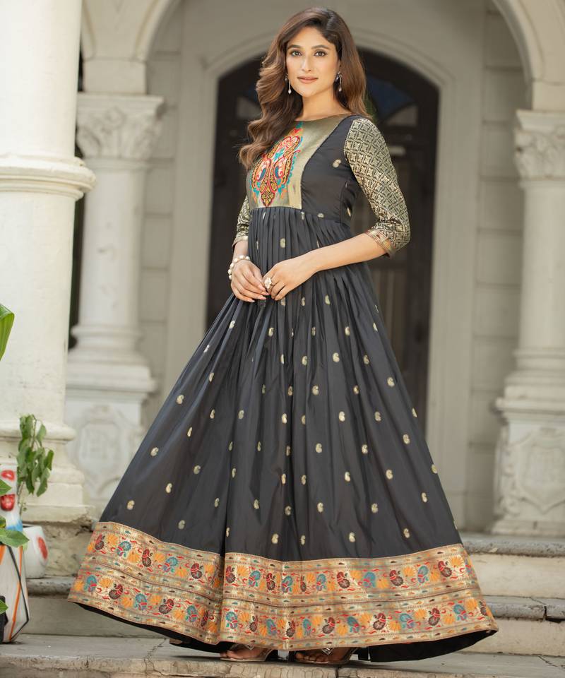 Black zari weaving ethnic fit and flare weaving gown for women