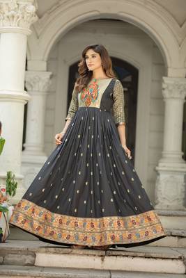 Black zari weaving ethnic fit and flare weaving gown for women 4