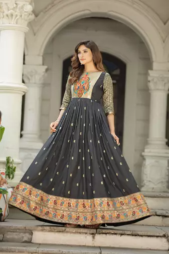 Black zari weaving ethnic fit and flare weaving gown for women