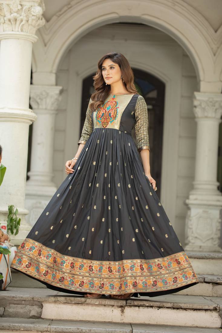Black zari weaving ethnic fit and flare weaving gown for women
