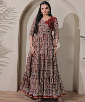 silk blend kalamkari fit & flared gown with v-neck long length ethnic gown 1