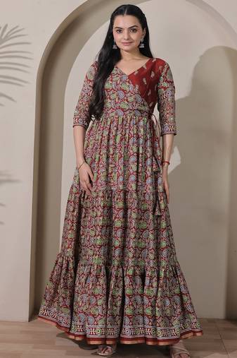 silk blend kalamkari fit & flared gown with v-neck long length ethnic gown