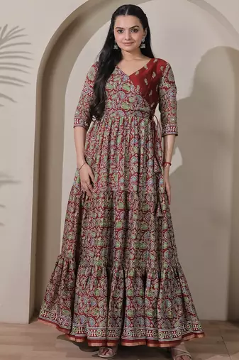 silk blend kalamkari fit & flared gown with v-neck long length ethnic gown