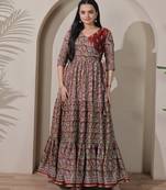 silk blend kalamkari fit & flared gown with v-neck long length ethnic gown