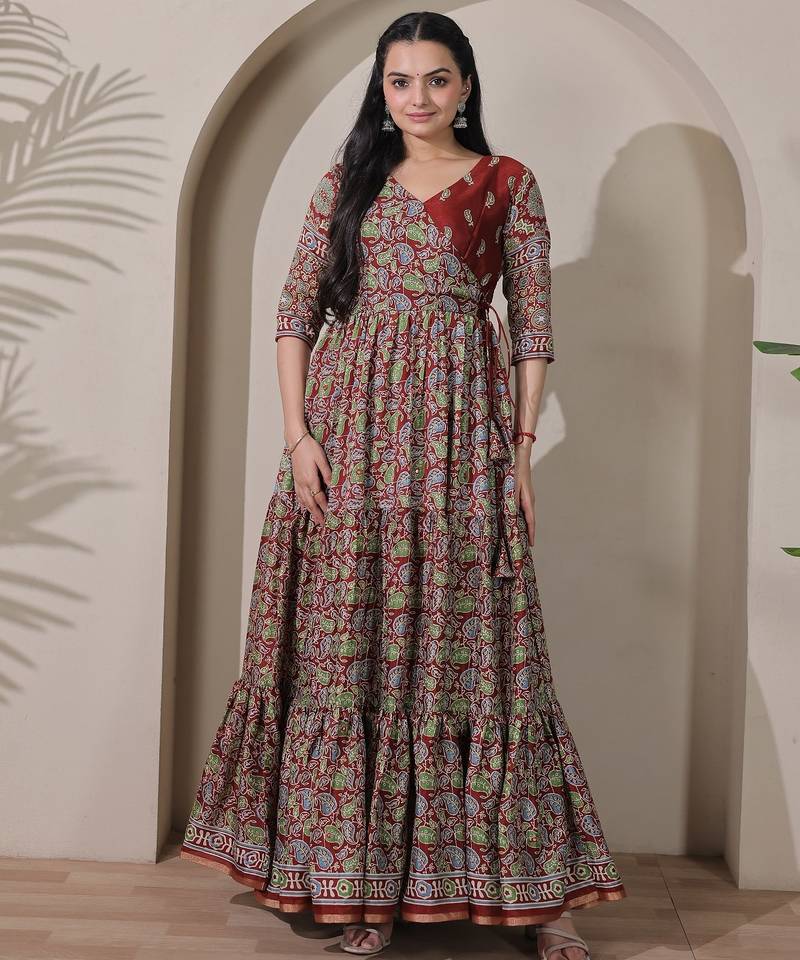 silk blend kalamkari fit & flared gown with v-neck long length ethnic gown