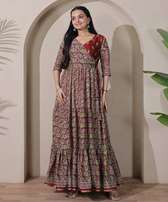 silk blend kalamkari fit & flared gown with v-neck long length ethnic gown 2