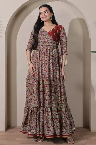 silk blend kalamkari fit & flared gown with v-neck long length ethnic gown
