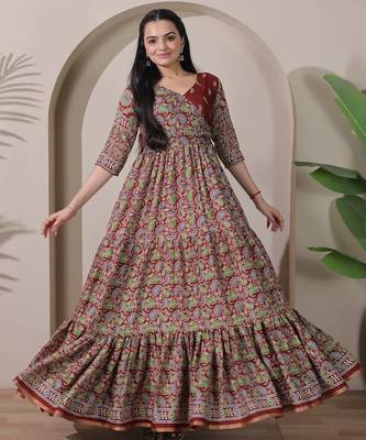 silk blend kalamkari fit & flared gown with v-neck long length ethnic gown 3