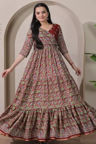 silk blend kalamkari fit & flared gown with v-neck long length ethnic gown