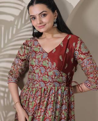 silk blend kalamkari fit & flared gown with v-neck long length ethnic gown 4