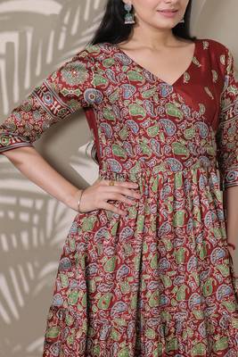 silk blend kalamkari fit & flared gown with v-neck long length ethnic gown 5