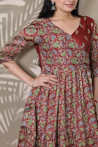 silk blend kalamkari fit & flared gown with v-neck long length ethnic gown