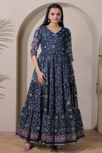 silk blend kalamkari fit & flared gown with v-neck long length ethnic gown