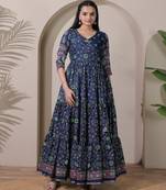 silk blend kalamkari fit & flared gown with v-neck long length ethnic gown