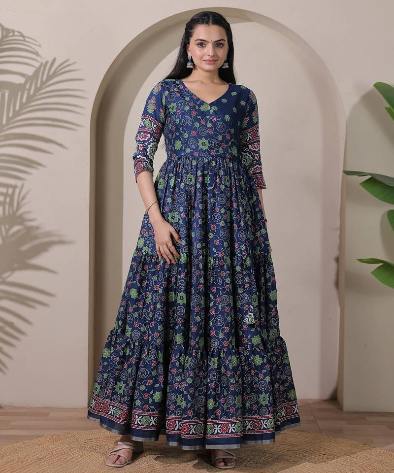 silk blend kalamkari fit & flared gown with v-neck long length ethnic gown