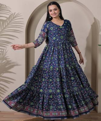 silk blend kalamkari fit & flared gown with v-neck long length ethnic gown 2
