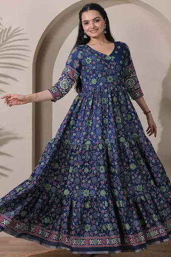silk blend kalamkari fit & flared gown with v-neck long length ethnic gown