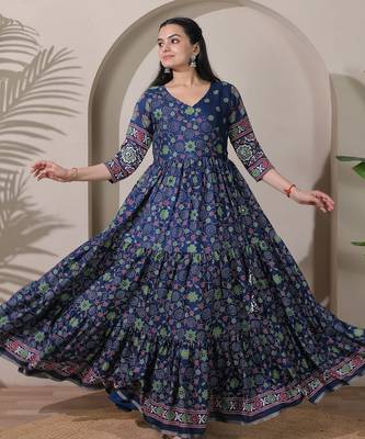 silk blend kalamkari fit & flared gown with v-neck long length ethnic gown 3