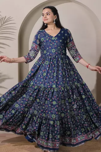 silk blend kalamkari fit & flared gown with v-neck long length ethnic gown