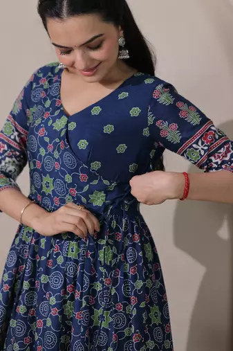 silk blend kalamkari fit & flared gown with v-neck long length ethnic gown