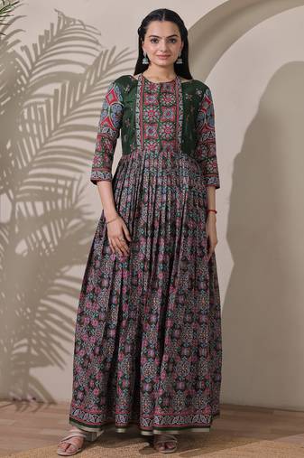 silk blend kalamkari fit & flared with  long length ethnic gown