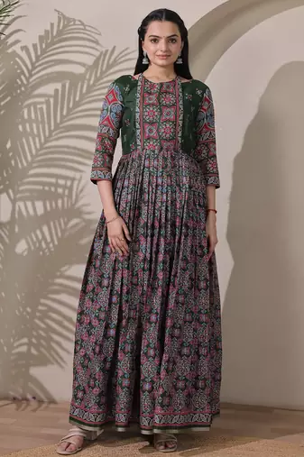 silk blend kalamkari fit & flared with  long length ethnic gown