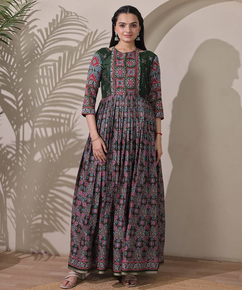 silk blend kalamkari fit & flared with  long length ethnic gown
