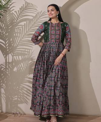 silk blend kalamkari fit & flared with  long length ethnic gown 2