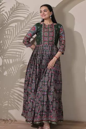 silk blend kalamkari fit & flared with  long length ethnic gown