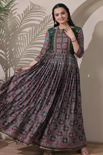 silk blend kalamkari fit & flared with  long length ethnic gown